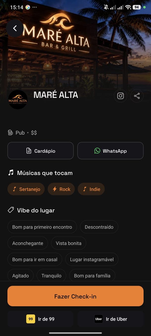 Página do Maré Alta no Rolefy, com cardápio, músicas, vibe do lugar e botão de check-in