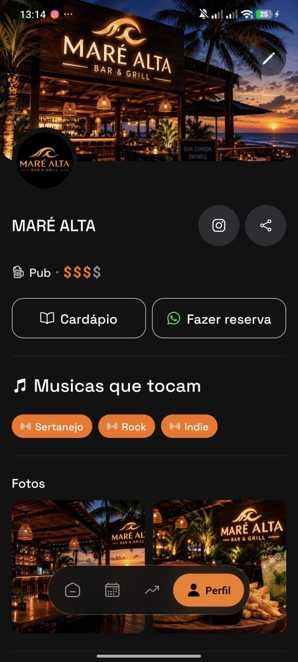 Página do Maré Alta vista pelo dono no Rolefy, com fotos, cardápio e reserva pelo WhatsApp
