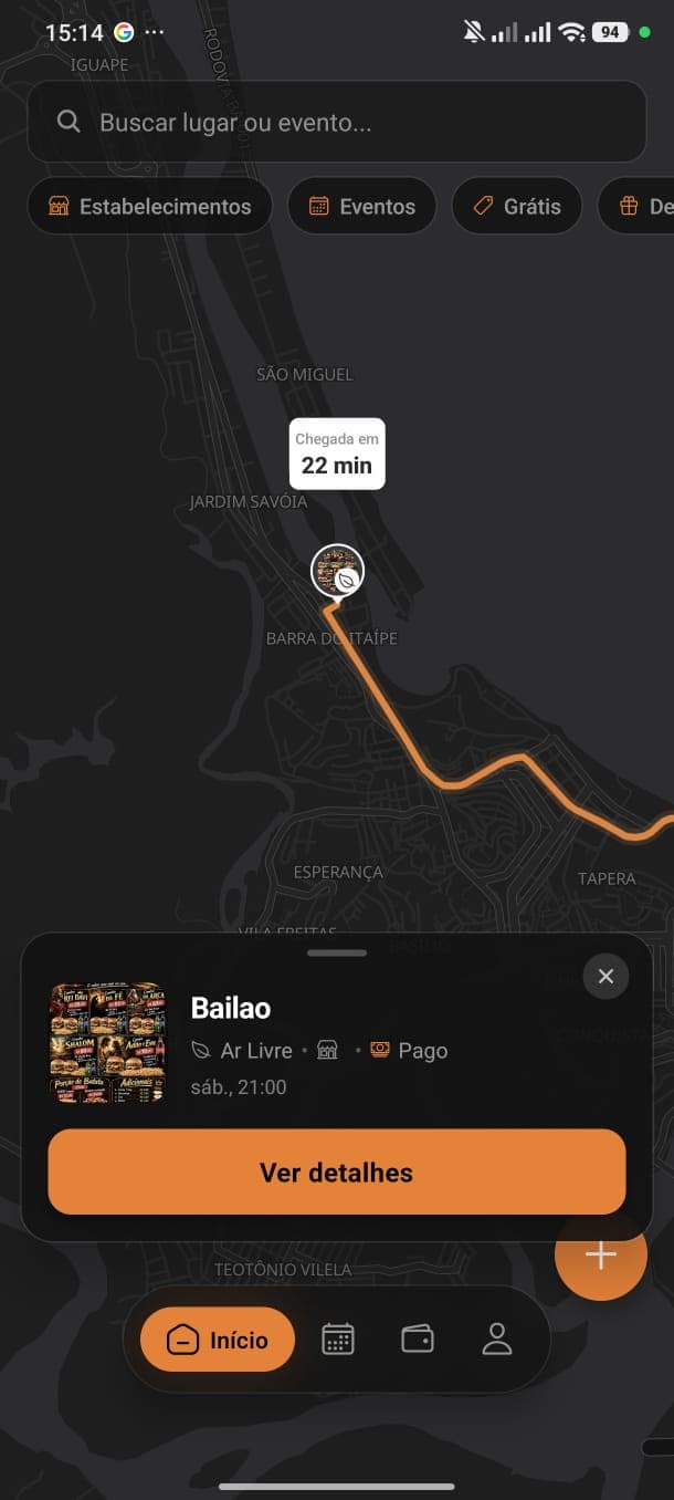 Mapa do Rolefy com a rota até o Bailão e o aviso de chegada em 22 minutos
